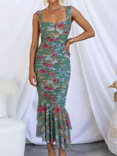 Sweetheart Neck Strap Printed Graceful Pleated Mesh Maxi Dress InsStreet